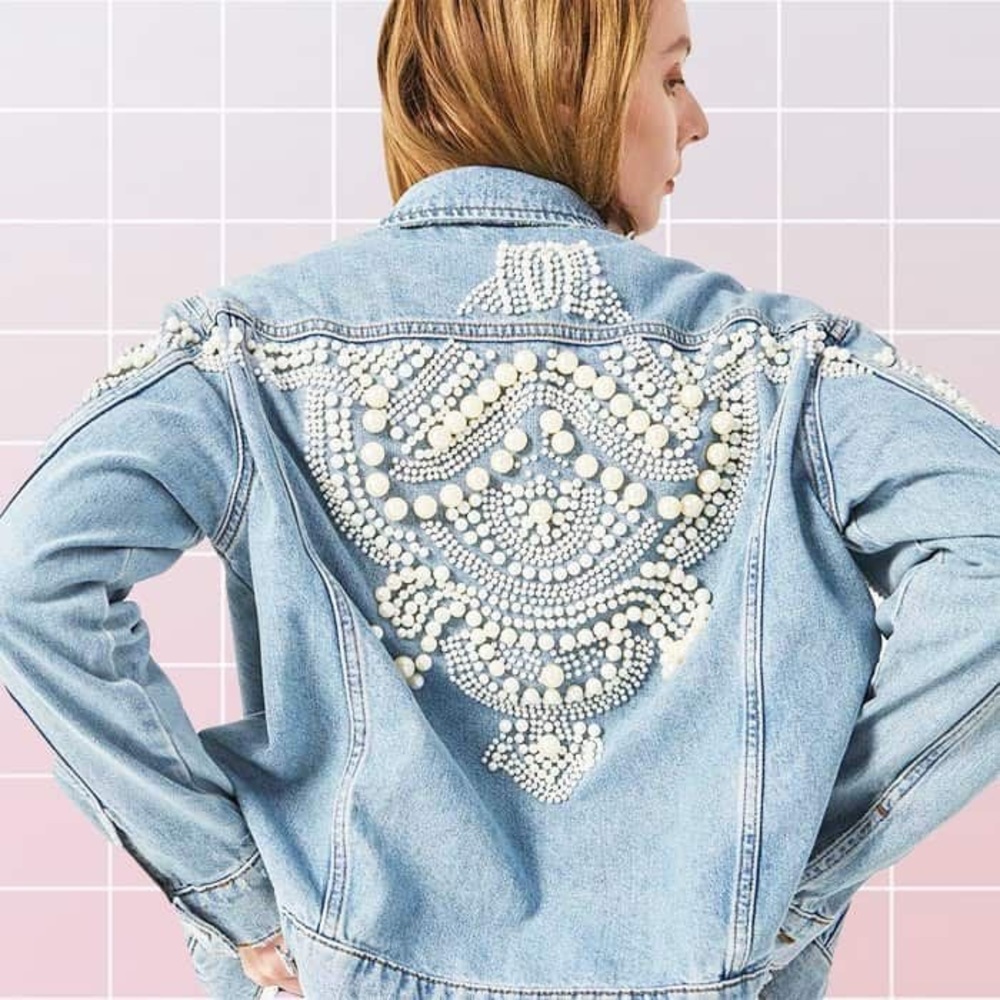 Custom Pearl Embellished Upcycled Demin Jacket